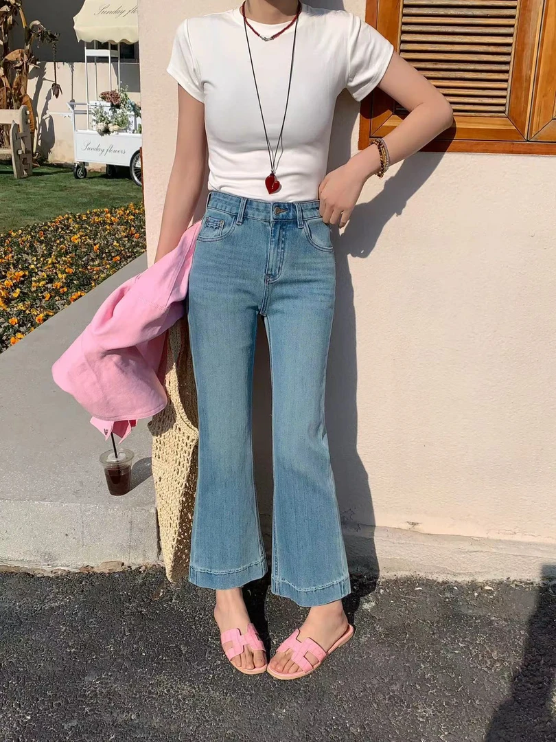 M.Duo【83688】2025春季时尚百搭显瘦修身弹力九分微喇牛仔裤