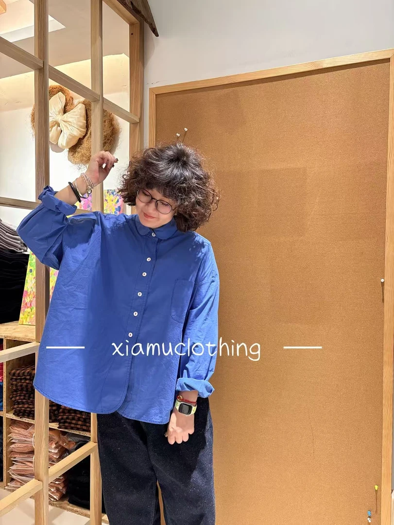 夏沐家纯色小兜宽松百搭衬衫9163