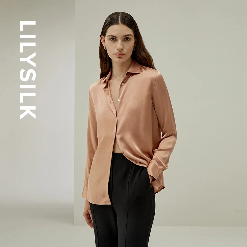 莉莉秀客25春真丝简约优雅经典贝壳纽扣装饰长袖上衣衬衫LILYSILK