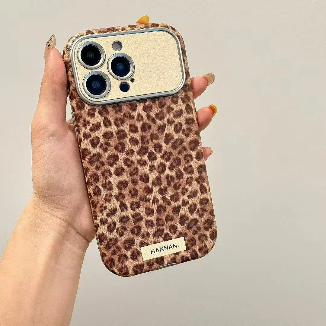 豹纹大视窗软皮质手提适用苹果17手机壳16pro全包15pm女款