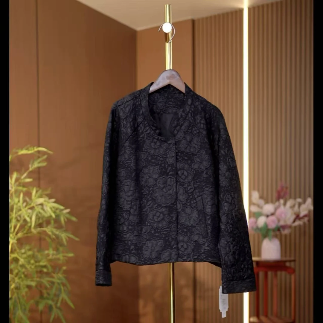 21金玉-国风秋冬季黑色大花加厚新款长袖外套0749