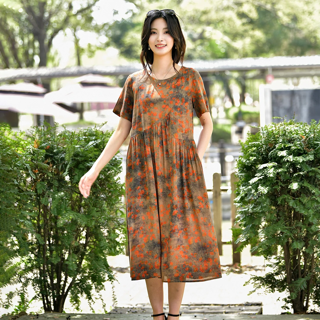 2025夏季新款棉绸连衣裙女中长款宽松大码时尚外穿人造棉绵绸裙子