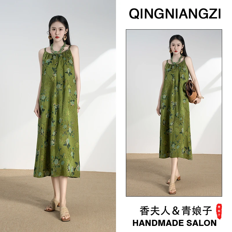 青娘子（翠风）香云纱印花花萝高腰显瘦时尚简约气质吊带长裙-60865