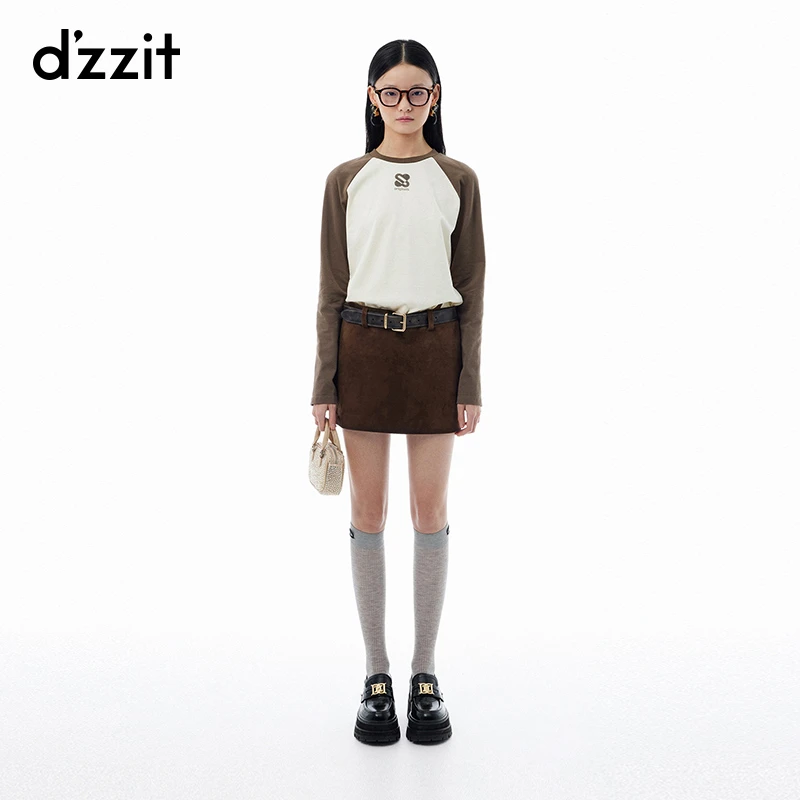 096【陈嘉尔专属】dzzit地素长袖T恤美式撞色插肩袖棉质圆领上衣女