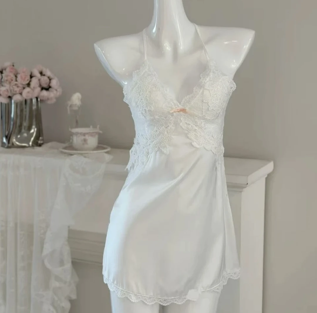 夏季性感冰丝吊带蕾丝睡裙连体纯欲风睡衣女夏季夏天法式女士薄款