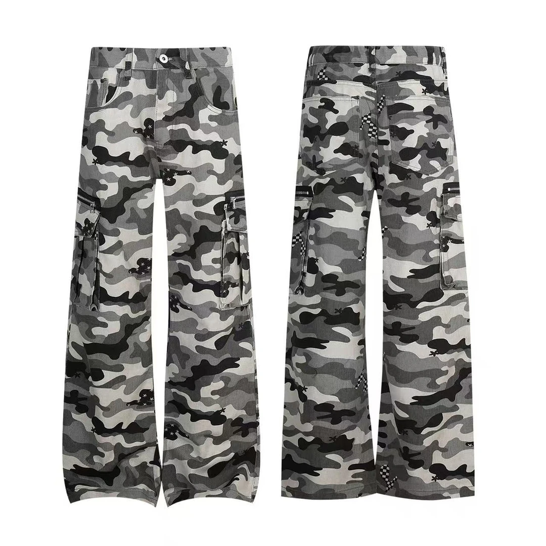 莫狂少年4.0迷彩微喇工装美式侧口袋拉链棋盘格设计痞帅牛仔裤潮
