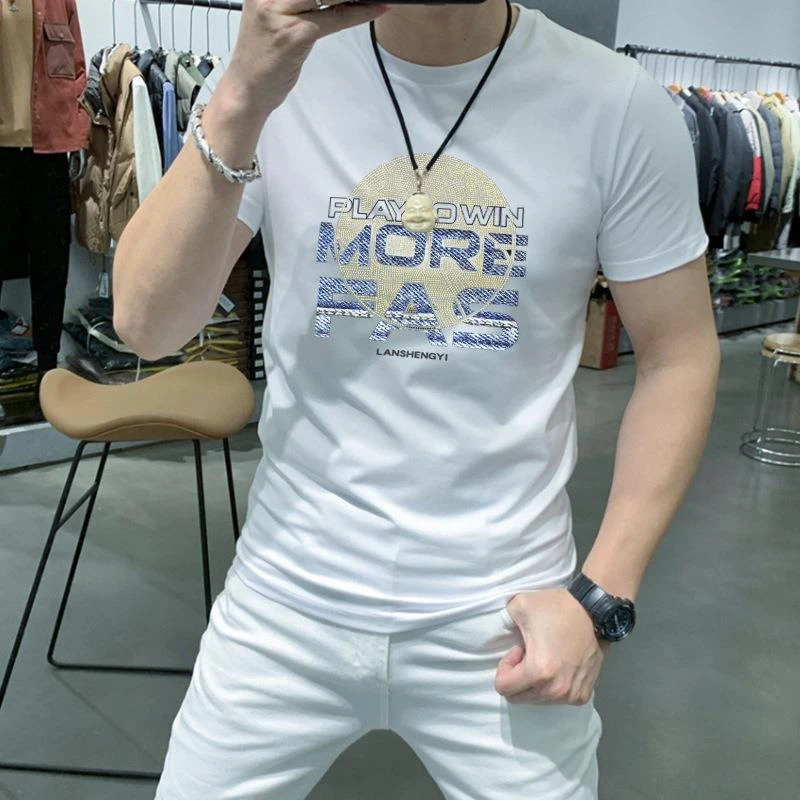 欧洲站新款男士短袖亮片印花潮流百搭修身帅气半袖上衣男体恤