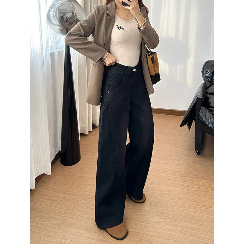 美思源秋冬裤子女款爆款2025新款加绒加厚牛仔裤黑色保暖阔腿长裤