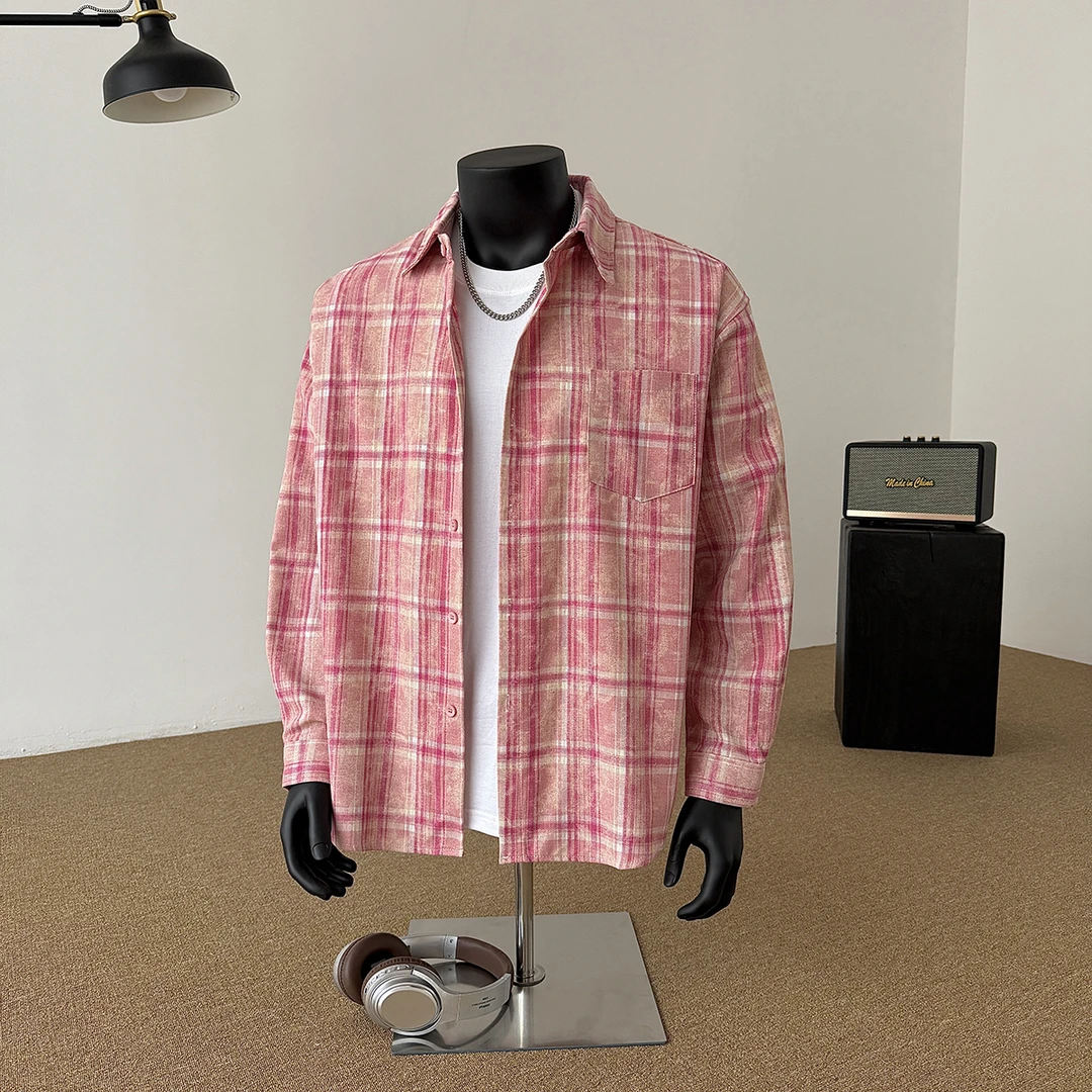 美式vintage粉色格子扎染衬衫男春秋高街叠穿长袖衬衣cleanfi外套