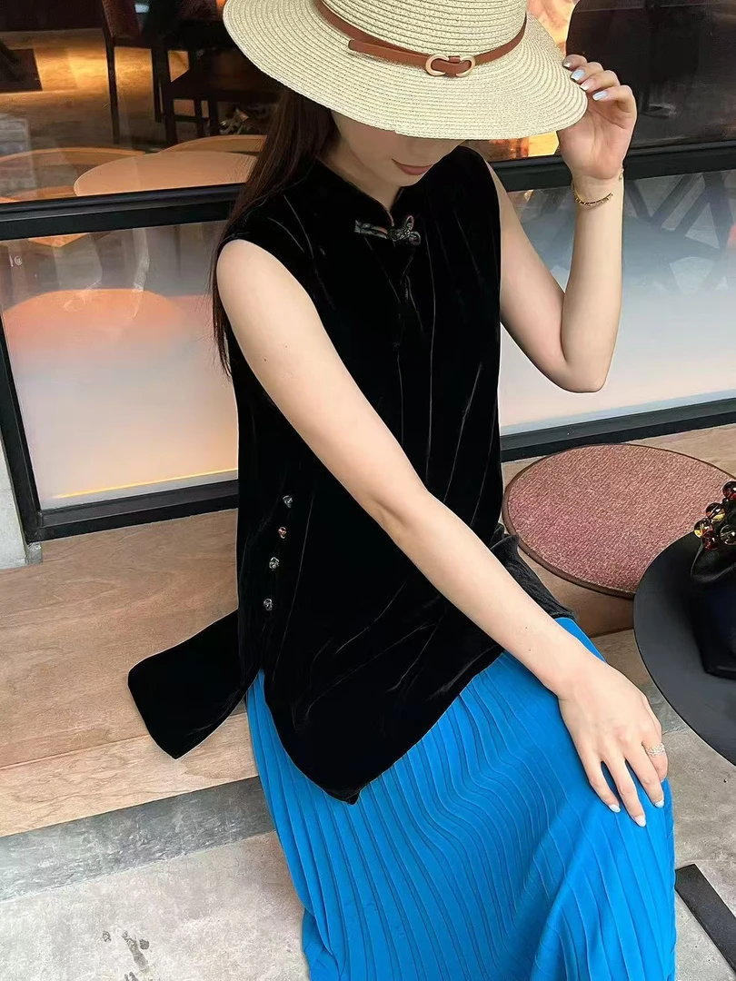 提花双层立领中长款薄款上衣复古网红黑色无袖斜襟