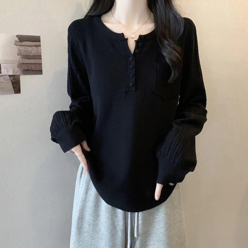 不规则别致V领正肩针织t恤打底衫女春秋内搭大码胖mm宽松遮肚上衣