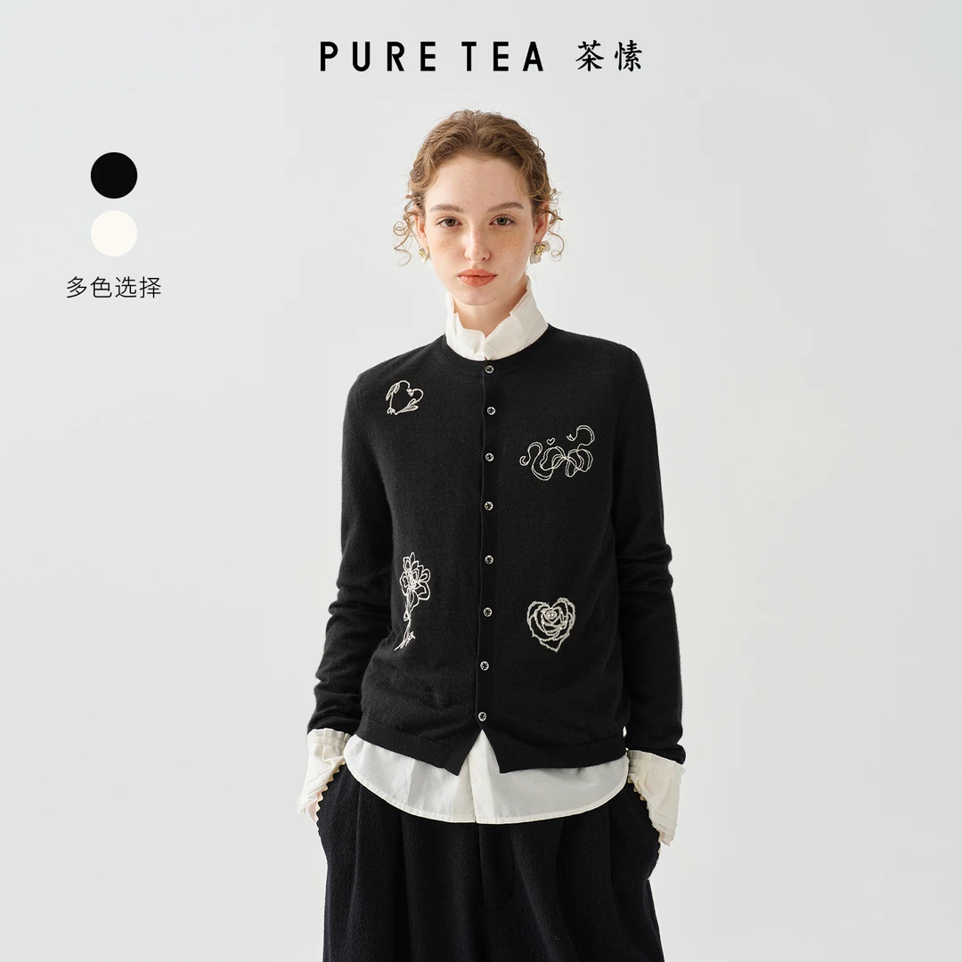 【商场同款】茶愫山羊绒毛针织衫女绣花开衫外套冬新TK0303C31