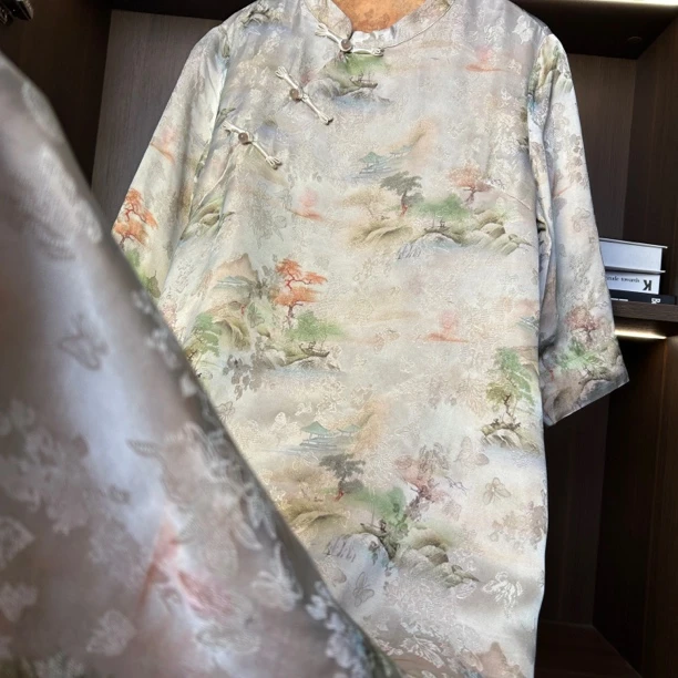 青峦-新中式时尚宽松气质水墨画重工连衣裙