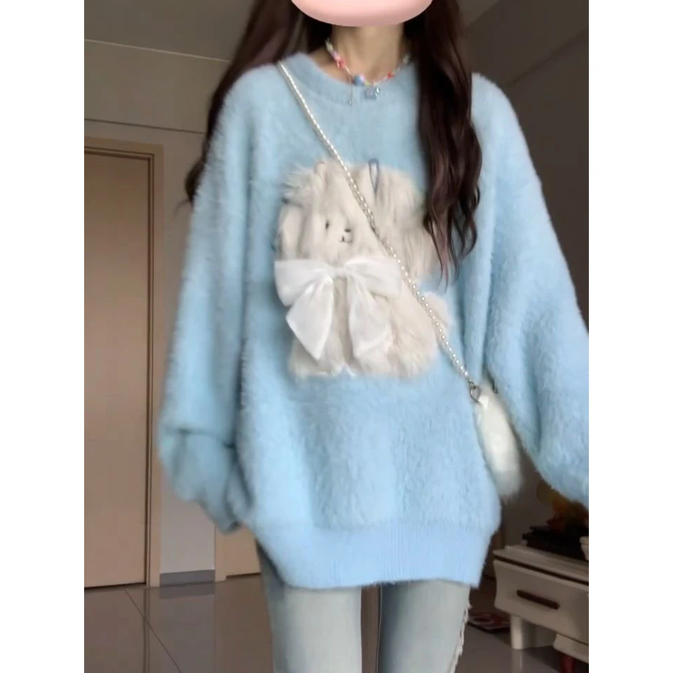宽松型可爱小狗立体蝴蝶结圆领毛衣女学生日系甜美软糯毛茸茸针织