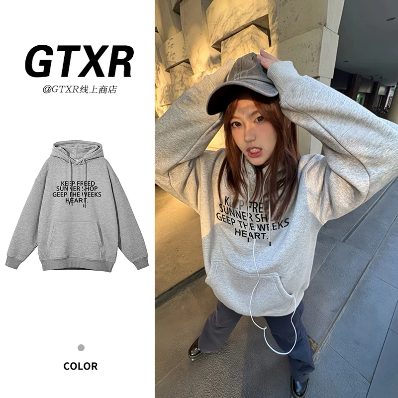 甜酷美式印花字母连帽卫衣秋冬男女秋季oversize潮牌重磅上衣外套