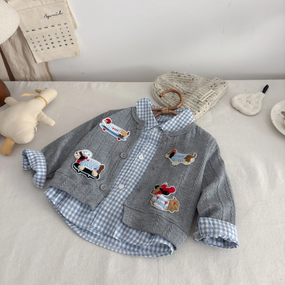 2025秋季格子衬衫两件套撞色格子衬衫百搭腊肠小狗两件装