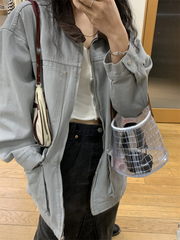 显瘦韩版撞色领大口袋风衣外套