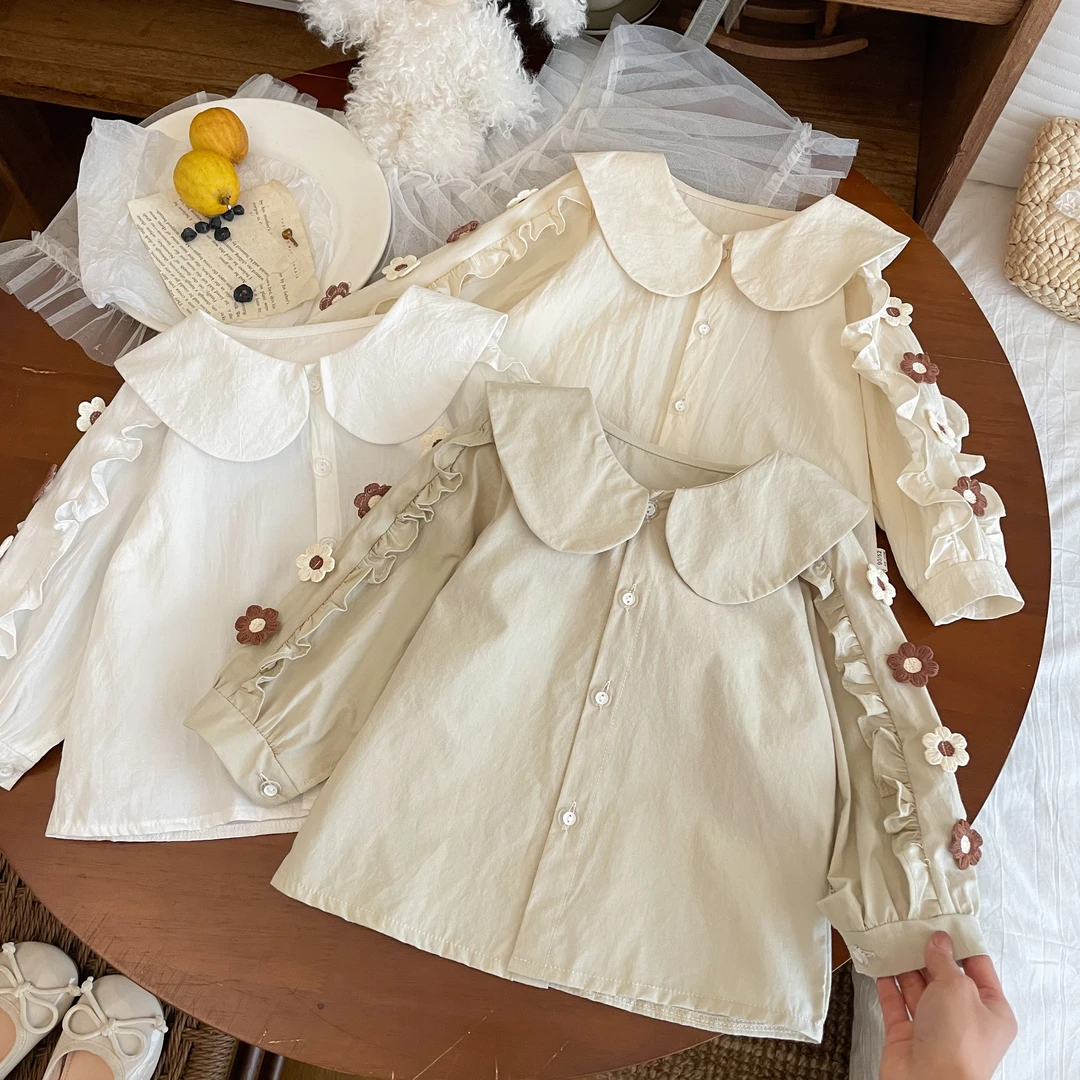2025儿童春季新款衬衫宝宝纯棉白色打底开衫立体花朵泡泡袖打底衫