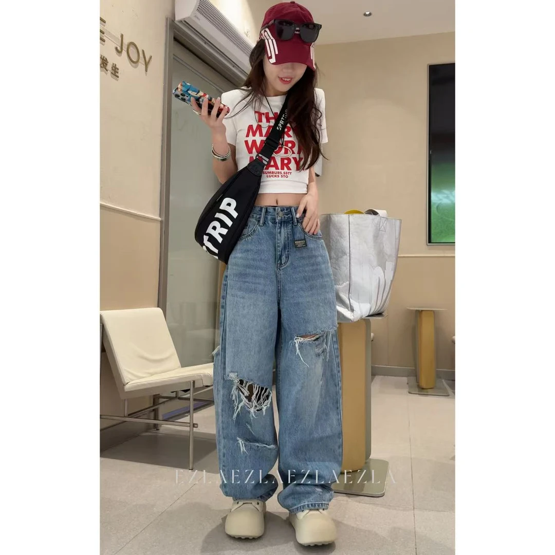 EZ8569 【破洞设计】新款时尚感高级破洞设计美式弯刀堆堆裤