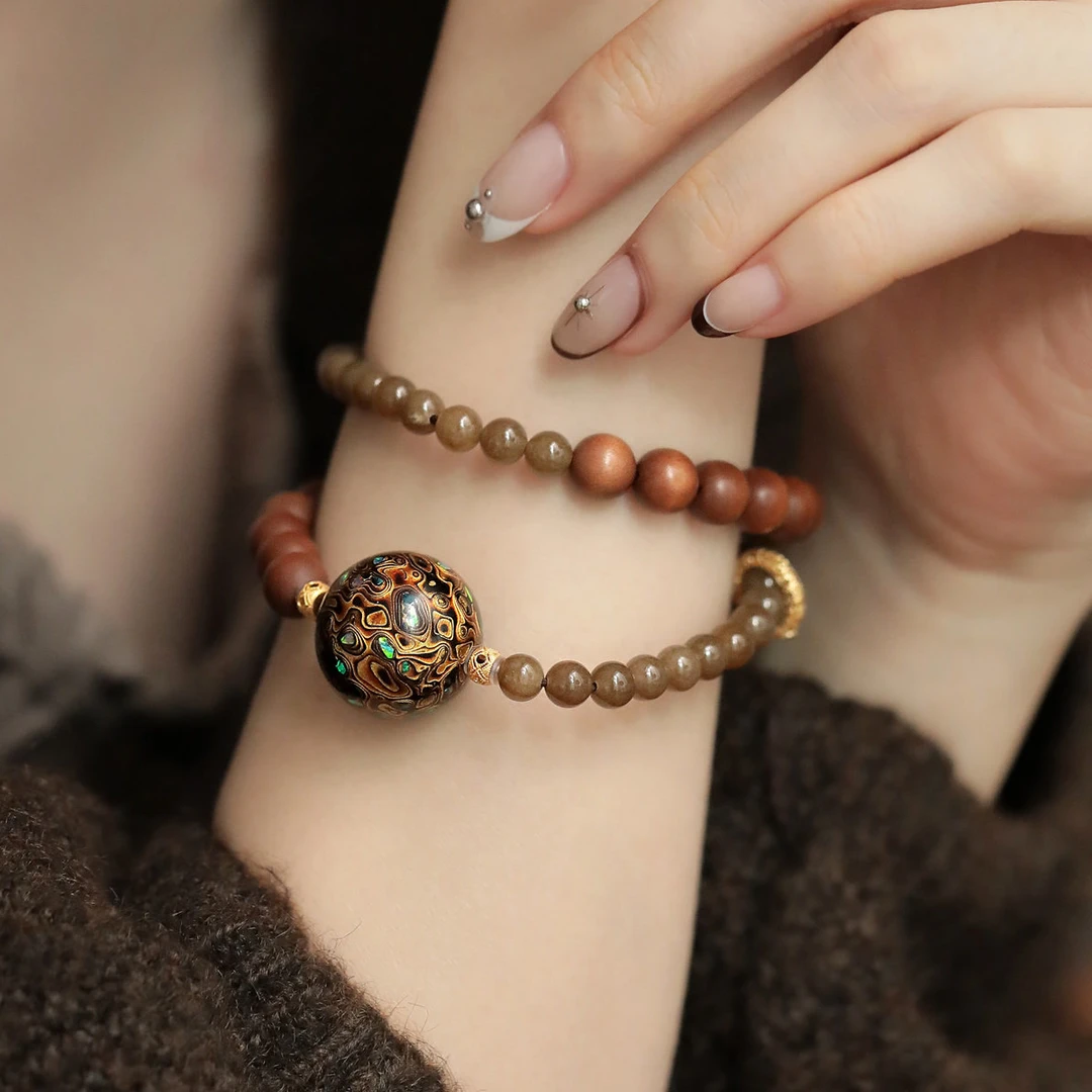 S12335 老山檀和田玉糖玉大漆珠金色环S925银手串 简约百搭民族风