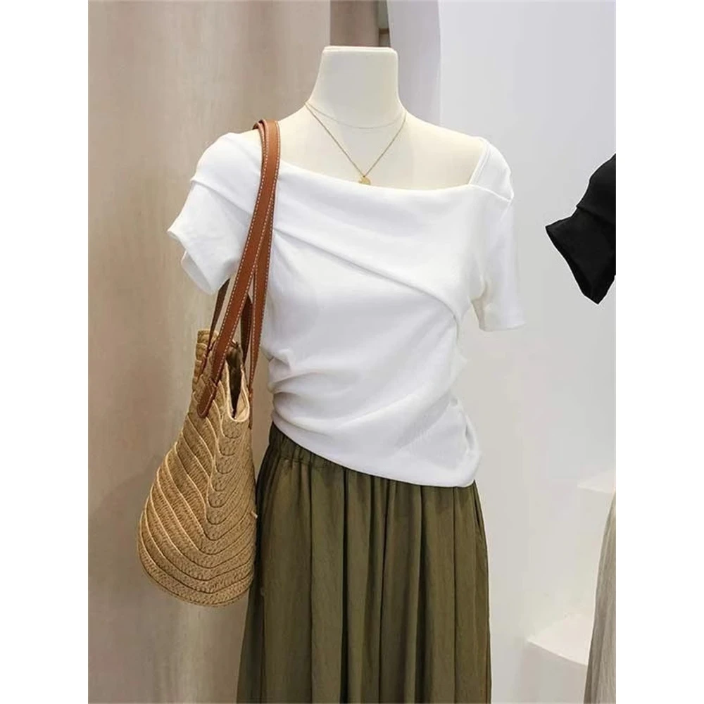 绝美别致短袖t恤女夏季修身显瘦不规则甜辣妹短款一字领露肩上衣