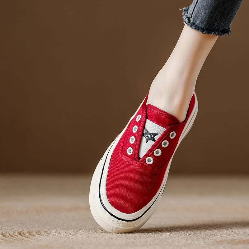 红色帆布鞋女夏季薄款透气2025新款女懒人一脚蹬女鞋休闲运动板鞋