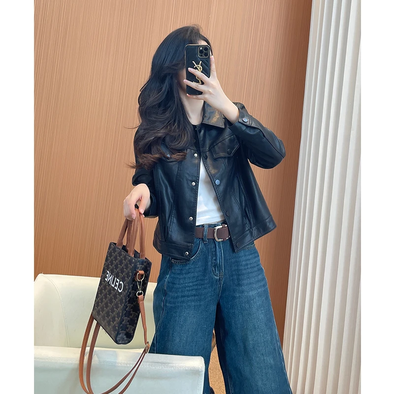 黑色皮衣外套女2025新款爆款洋气小个子高级感蛋白皮翻领修身夹克