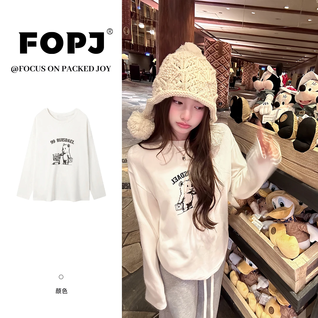 FOPJ春秋时尚宽松休闲百搭白色纯棉长袖t恤女圆领套头打底上衣ins
