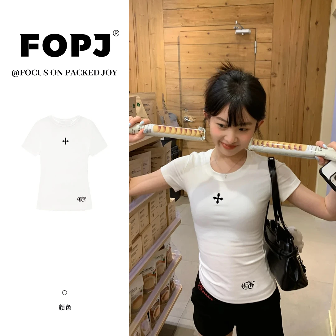 FOPJ美式纯欲风白色正肩短袖t恤女夏季新款辣妹修身显辣妹上衣