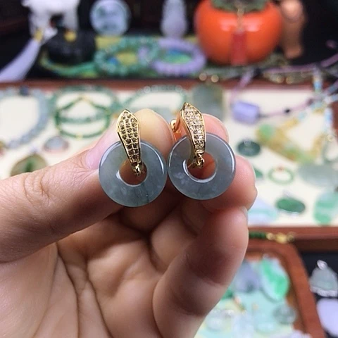 翡翠耳饰银S925镀金镶嵌甜甜圈