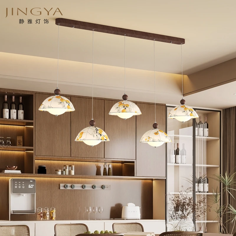 2025年新款中古风宋式多头餐厅吊灯实木亚麻布罩茶室书房吧台吊灯