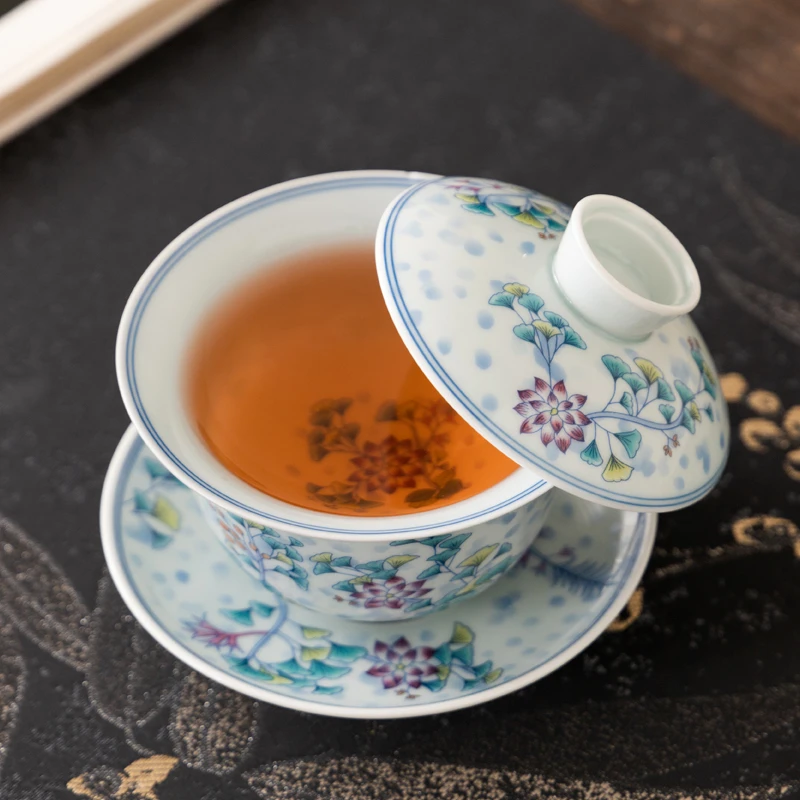 斗彩盖碗复古银杏大容量功夫茶具陶瓷旋转悬停盖碗三才中式泡茶
