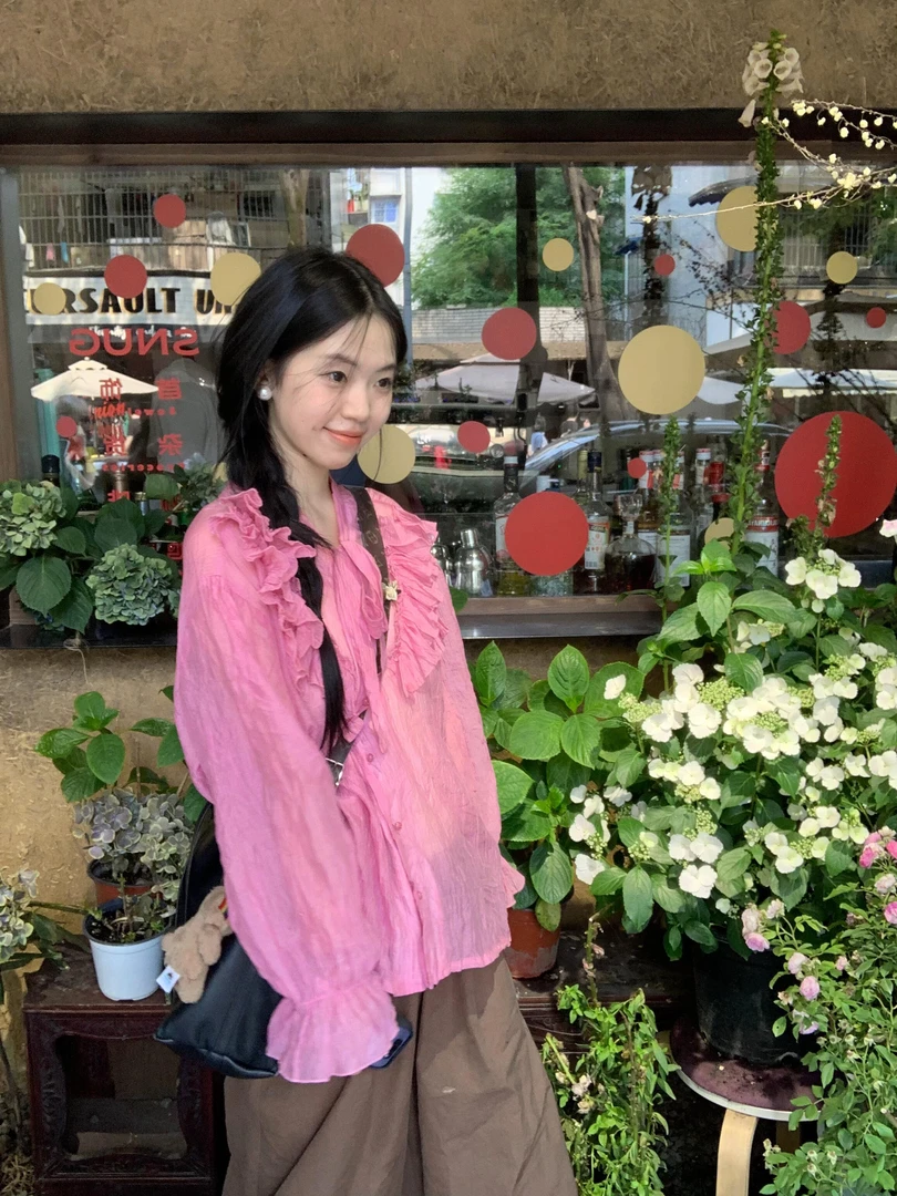 法式玫粉色长袖薄款衬衫女夏季2025新款独特超好看荷叶边别致上衣