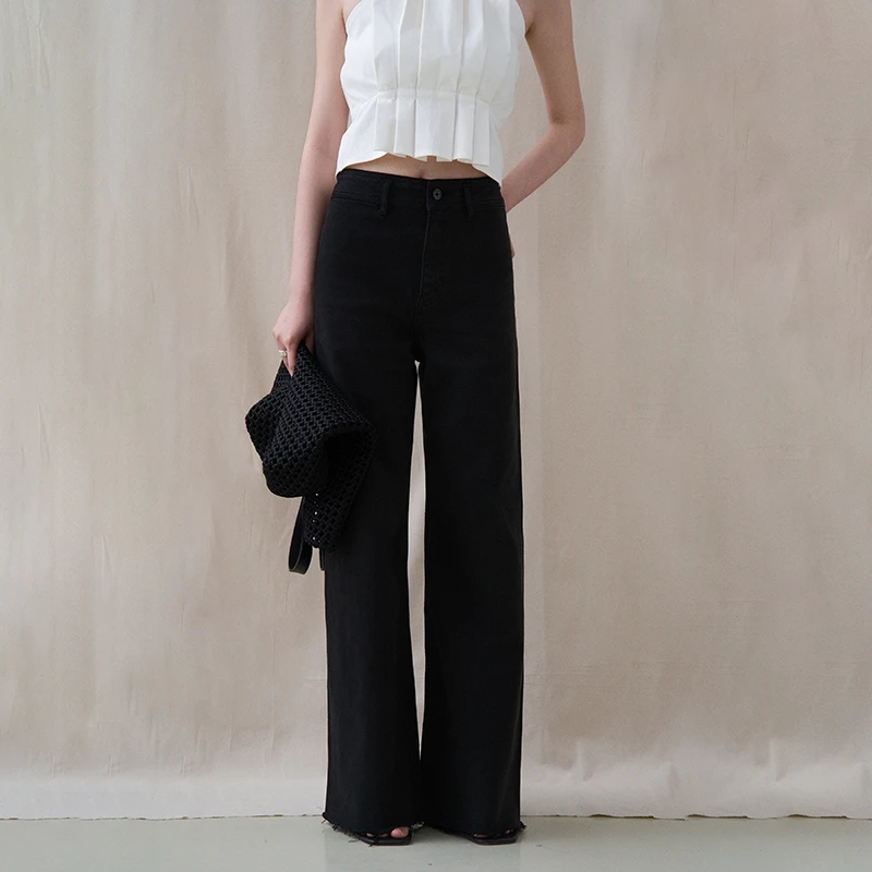 【Happy定制】气质阔腿拖地长裤高腰微弹黑色喇叭裤牛仔裤JY1241
