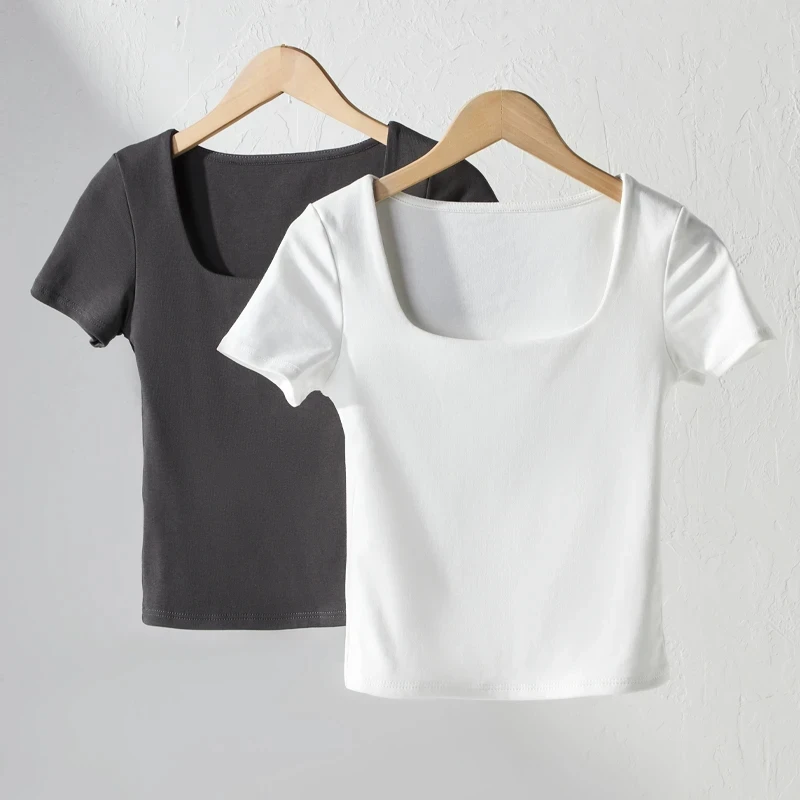 方领正肩锁骨短袖t恤女2025夏季新款低领修身辣妹短款显瘦ins上衣