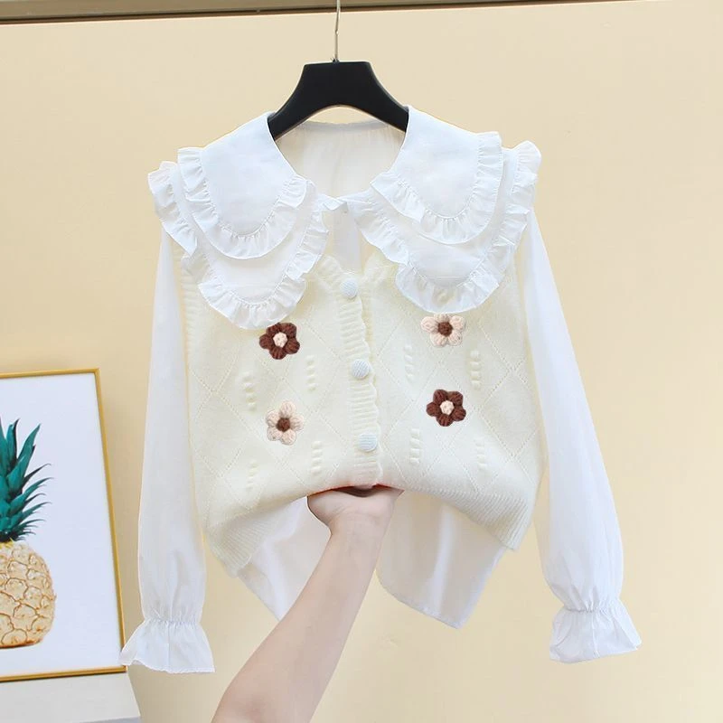 套装女春秋新款小个子花朵简约针织马甲娃娃领衬衫背心开衫两件套