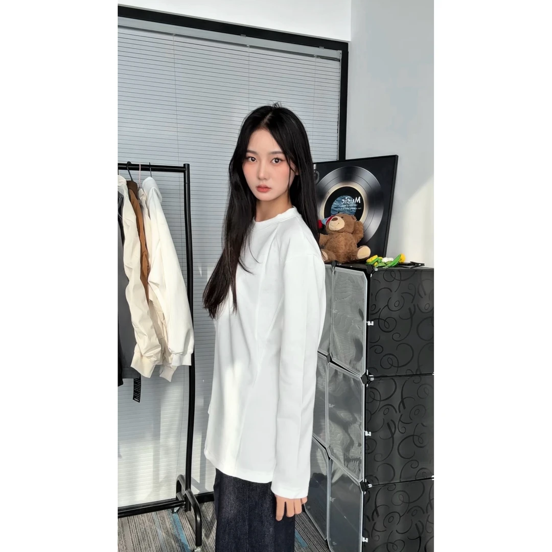 浅灰色螺纹拼接长袖t恤男款秋季美式重磅圆领卫衣cleanfit打底衫
