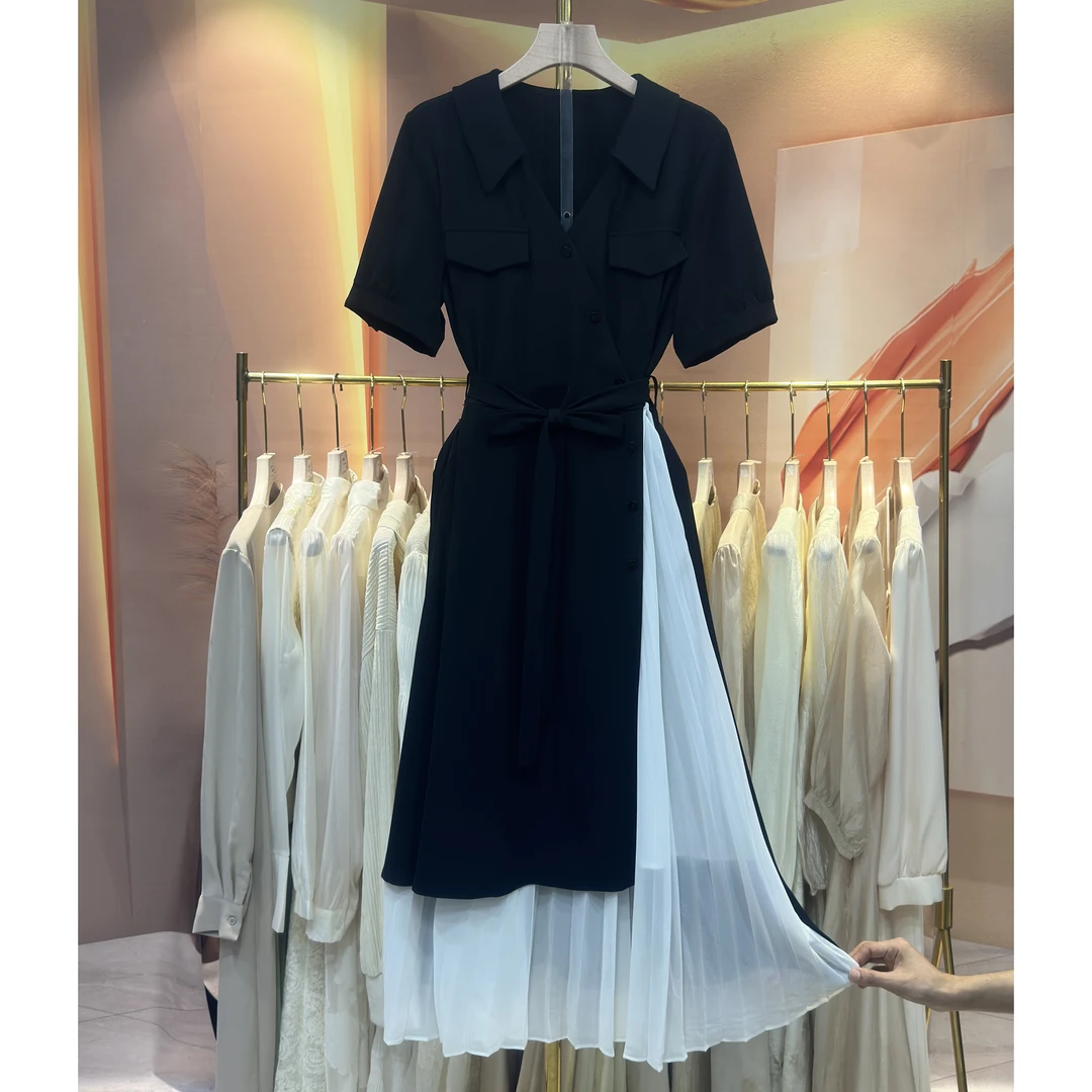 现货【RG553】翻领西装显瘦气质拼接网纱长款法式收腰连衣裙女士