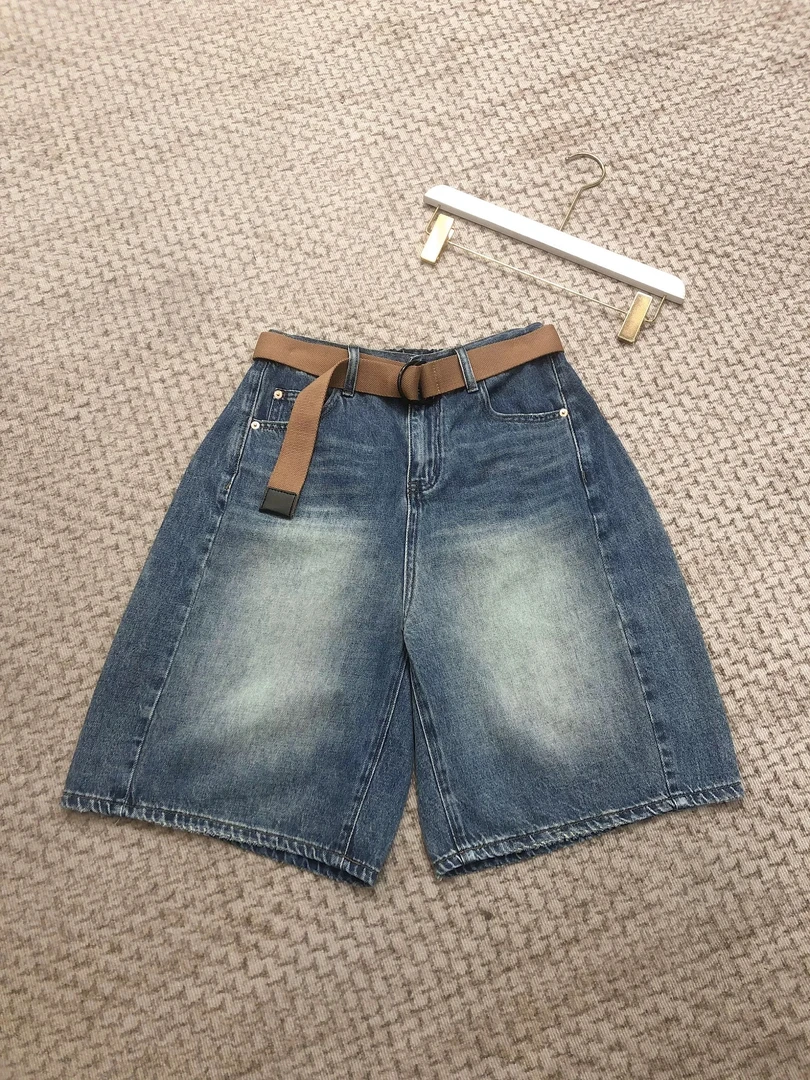 2025夏季新品女宽松拼接休闲百搭半松紧腰五分牛仔裤6888#