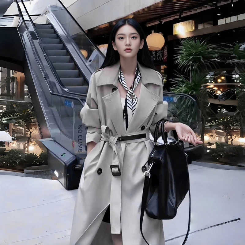 春秋英伦风撞色翻领设计款气质长款衣外套女2025新款爆款洋气风衣