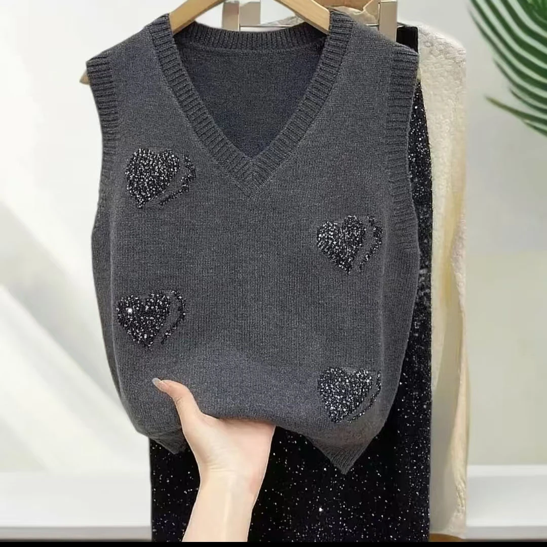 【细闪爱心】春秋新款V领亮片纯色针织马甲女显瘦洋气背心百搭坎肩