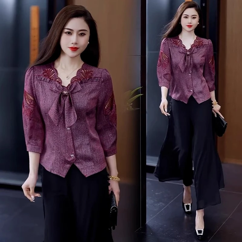 时尚雪纺套装女2025新款春夏洋气显瘦蕾丝长袖衬衫阔腿裤两件套潮