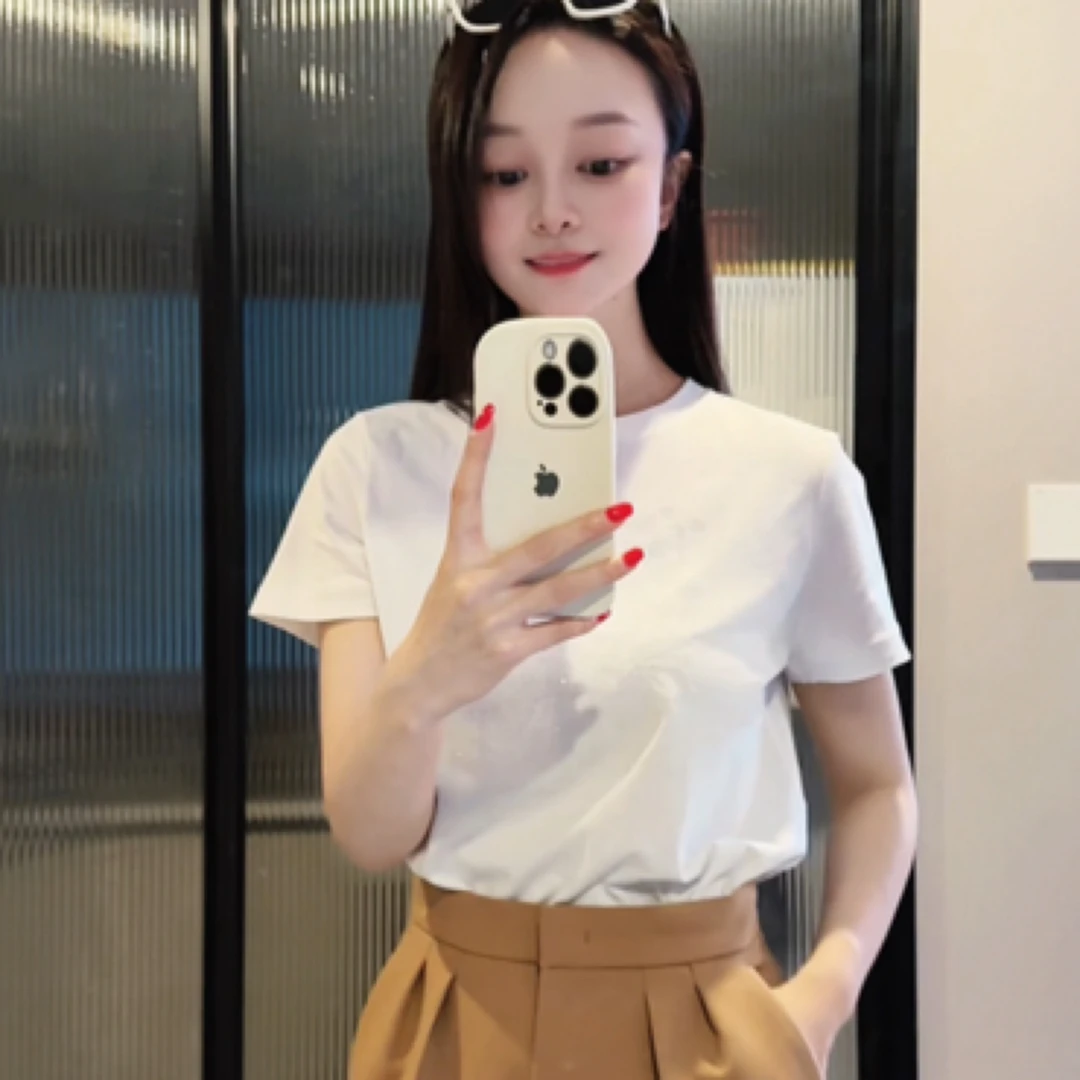 未使用 MaxMara 25新款白色烫钻字母短袖tee