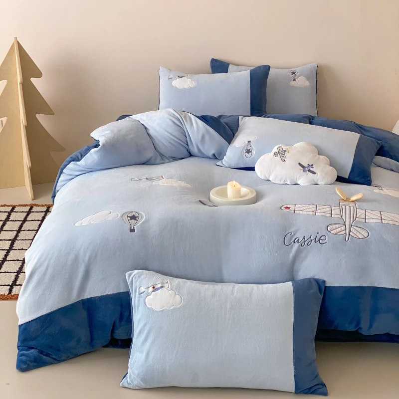 卡通加厚双面牛奶绒四件套飞机刺绣珊瑚绒床单被套男孩床上用品