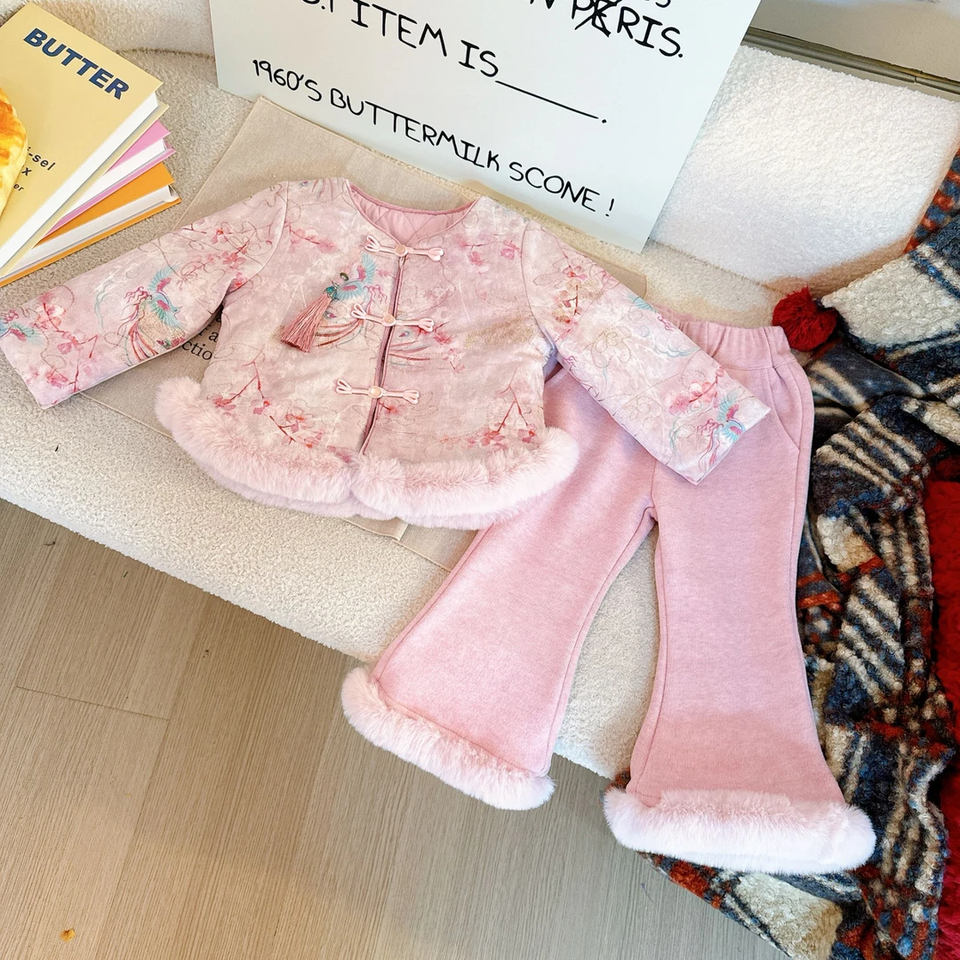 中国风冬季新款韩版女童洋气加厚外套裤子套装4D1584D1594D161