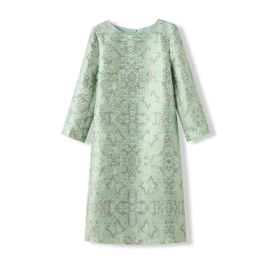 浅绿提花小A版显瘦中长款提花大码年轻连衣裙965