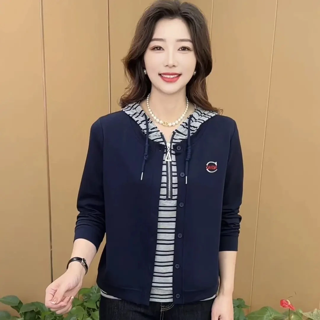 秋季新款时尚连帽假两件设计感条纹刺绣洋气百搭休闲长袖卫衣K161
