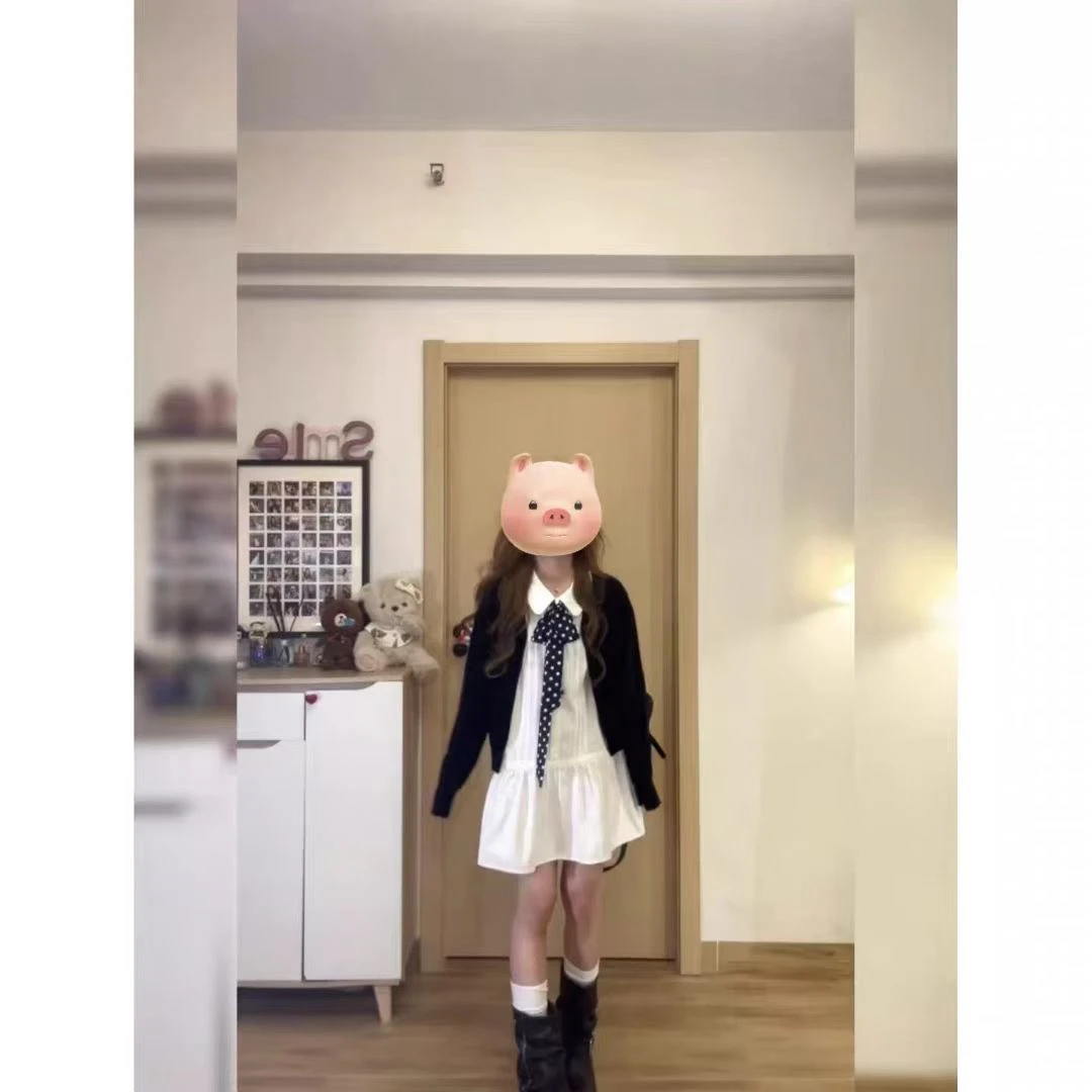 学院风娃娃领长袖衬衫连衣裙搭配外套领结三件套秋季新款减龄套装
