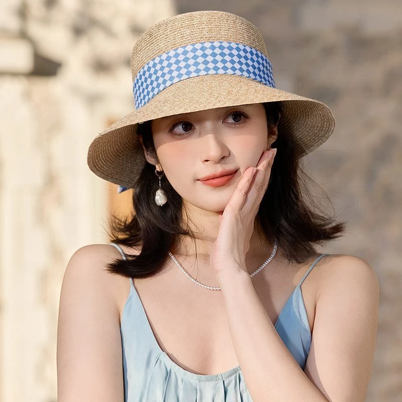 百搭夏季女士草帽宽边设计防晒帽遮阳帽花纹装饰透气舒适完美搭配