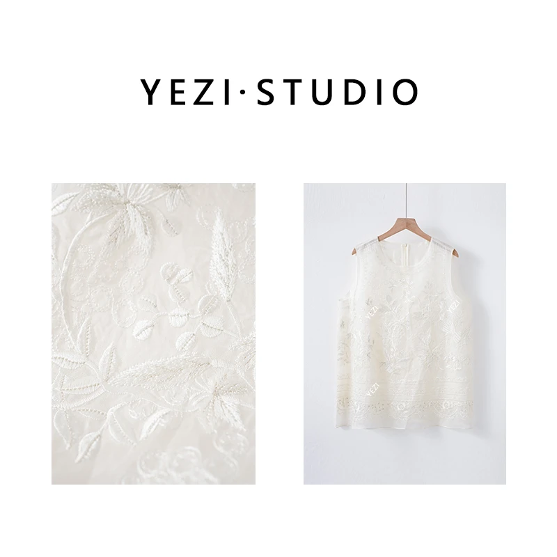 【东方雅韵】重工桑蚕丝柯根纱裁片定位刺绣钉珠无袖小衫25216031